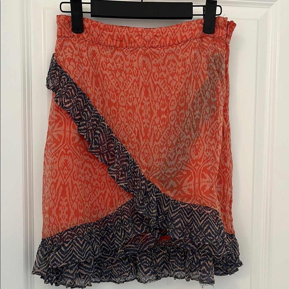 Free People Navy and Orange Ruffled Wrap Mini Skirt